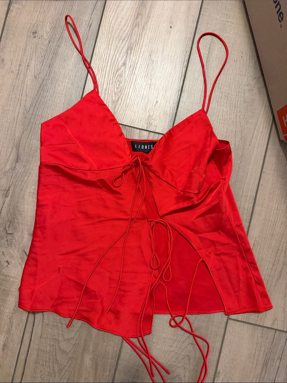 Lioness Bright Red Satin Tie-Front Spaghetti Strap Cami